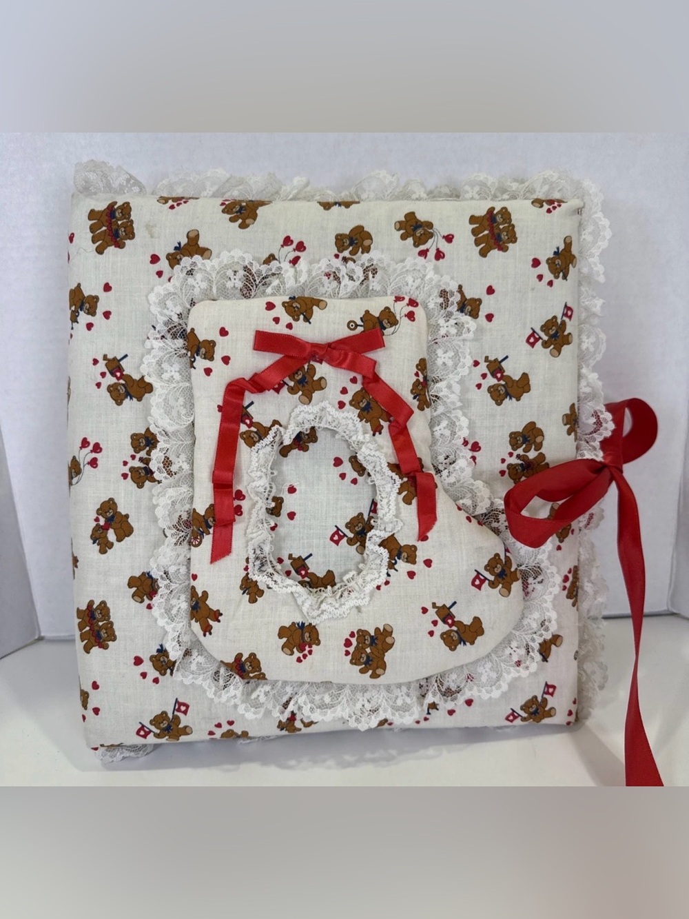 Vintage Granny Core Padded Handmade Fabric Teddy Bear Hearts Photo Album -Baby